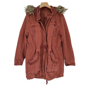 American Eagle Women‎ Parka Jacket M Rust Faux Fur Y2K Hood Utility Streetwear